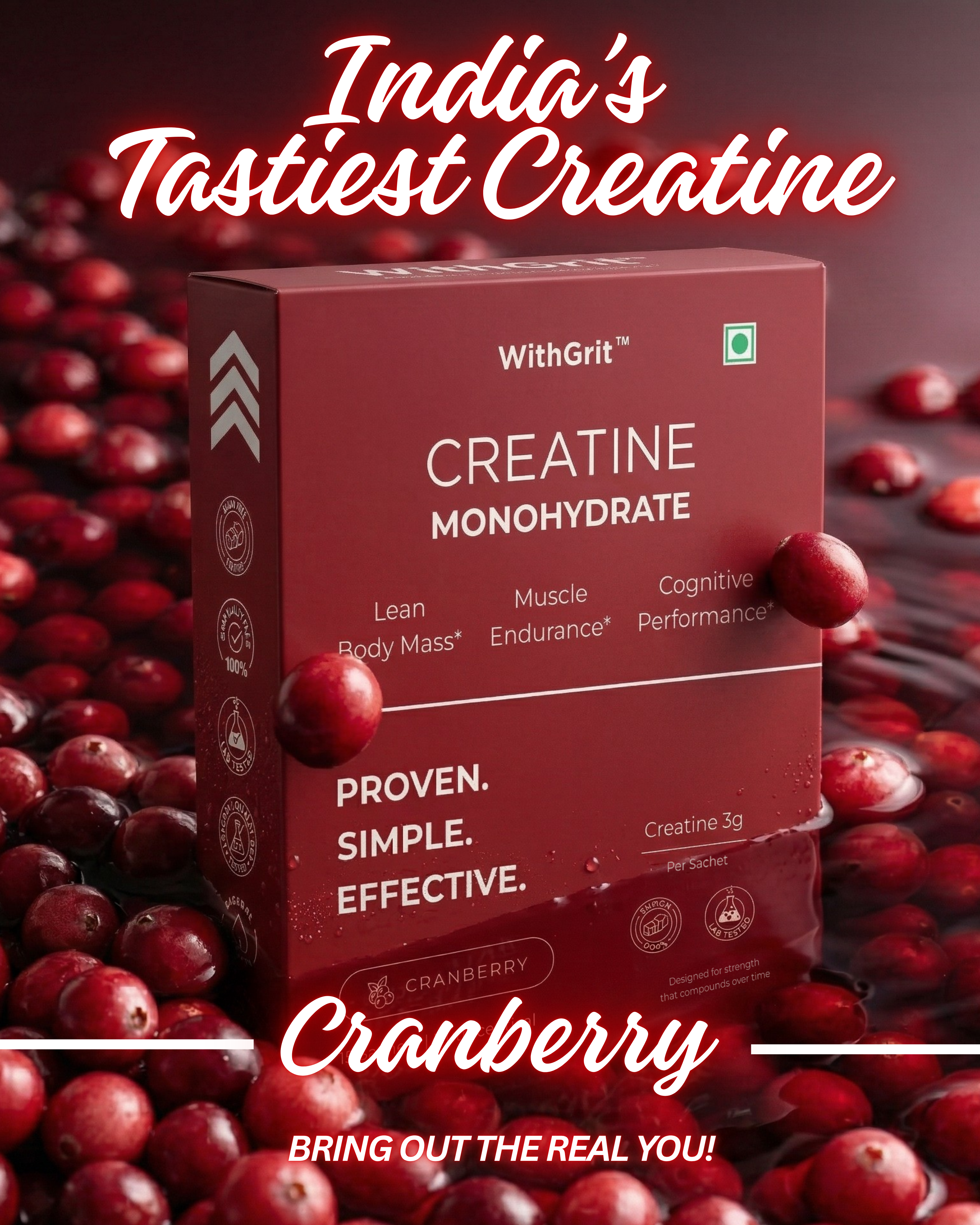 CREATINE MONOHYDRATE | LEAN BODY MASS | MUSCLE ENDURANCE | COGNITIVE PERFORMANCE | 15 SACHETS PACK
