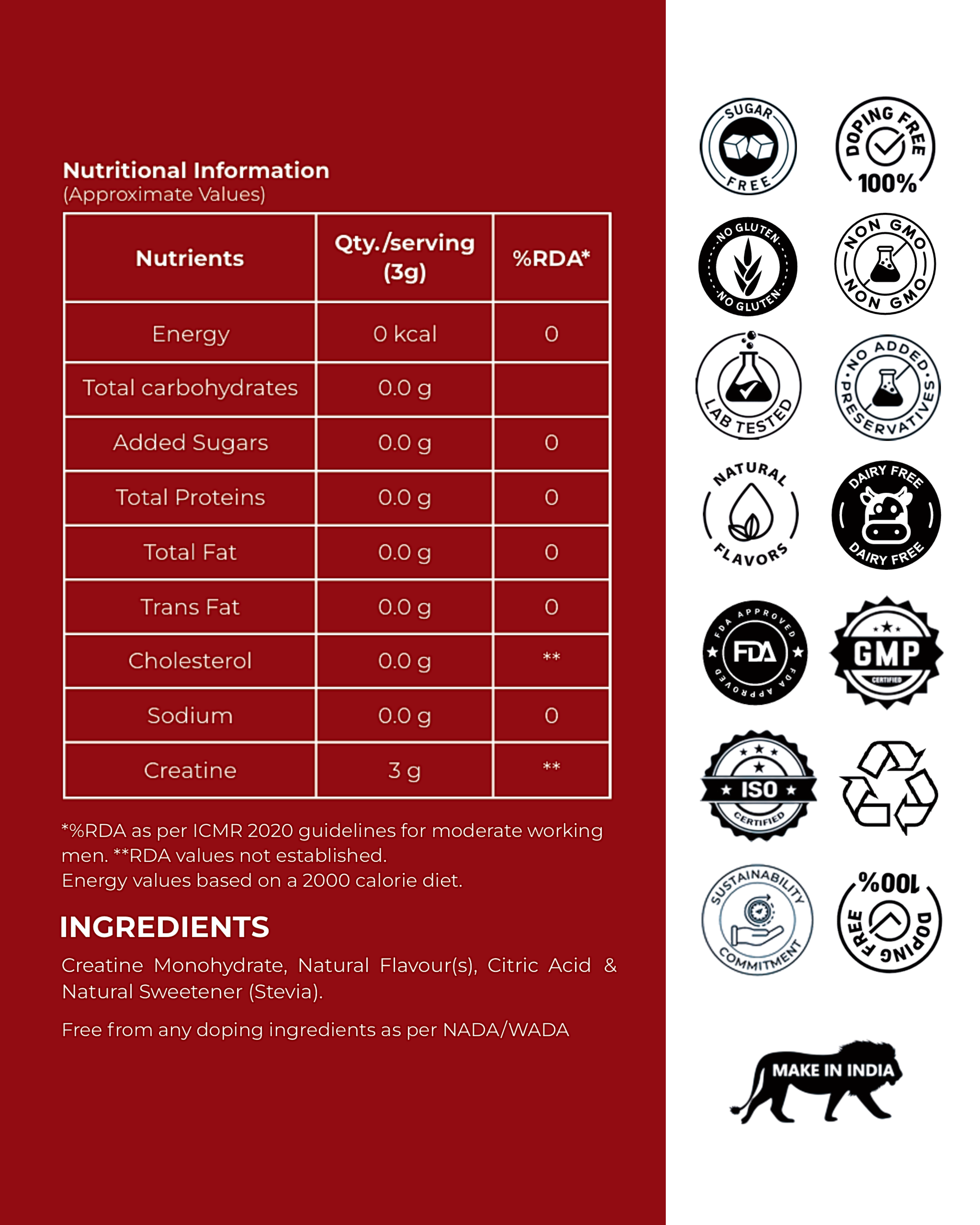 CREATINE MONOHYDRATE | LEAN BODY MASS | MUSCLE ENDURANCE | COGNITIVE PERFORMANCE | 15 SACHETS PACK