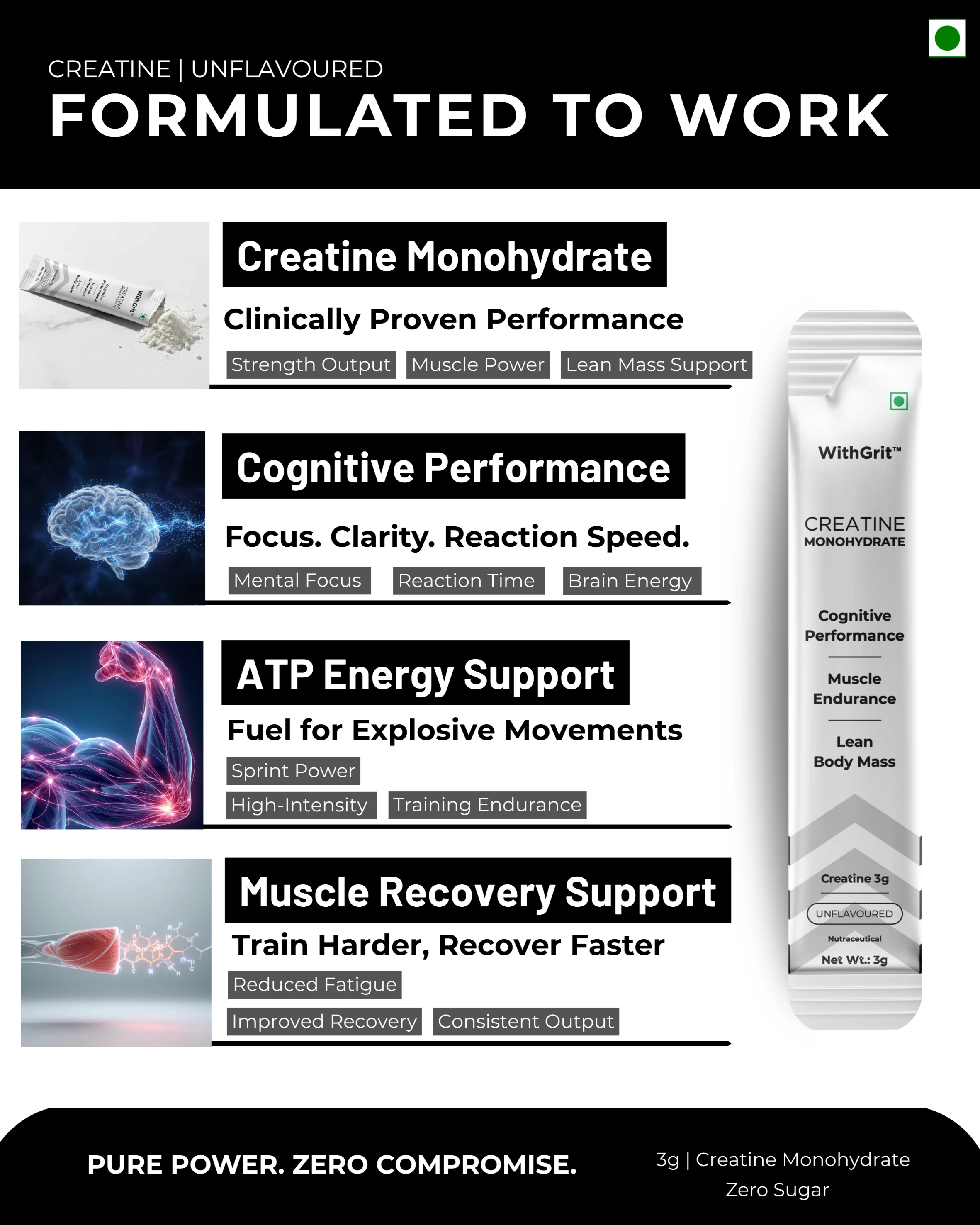 CREATINE MONOHYDRATE | LEAN BODY MASS | MUSCLE ENDURANCE | COGNITIVE PERFORMANCE | 15 SACHETS PACK