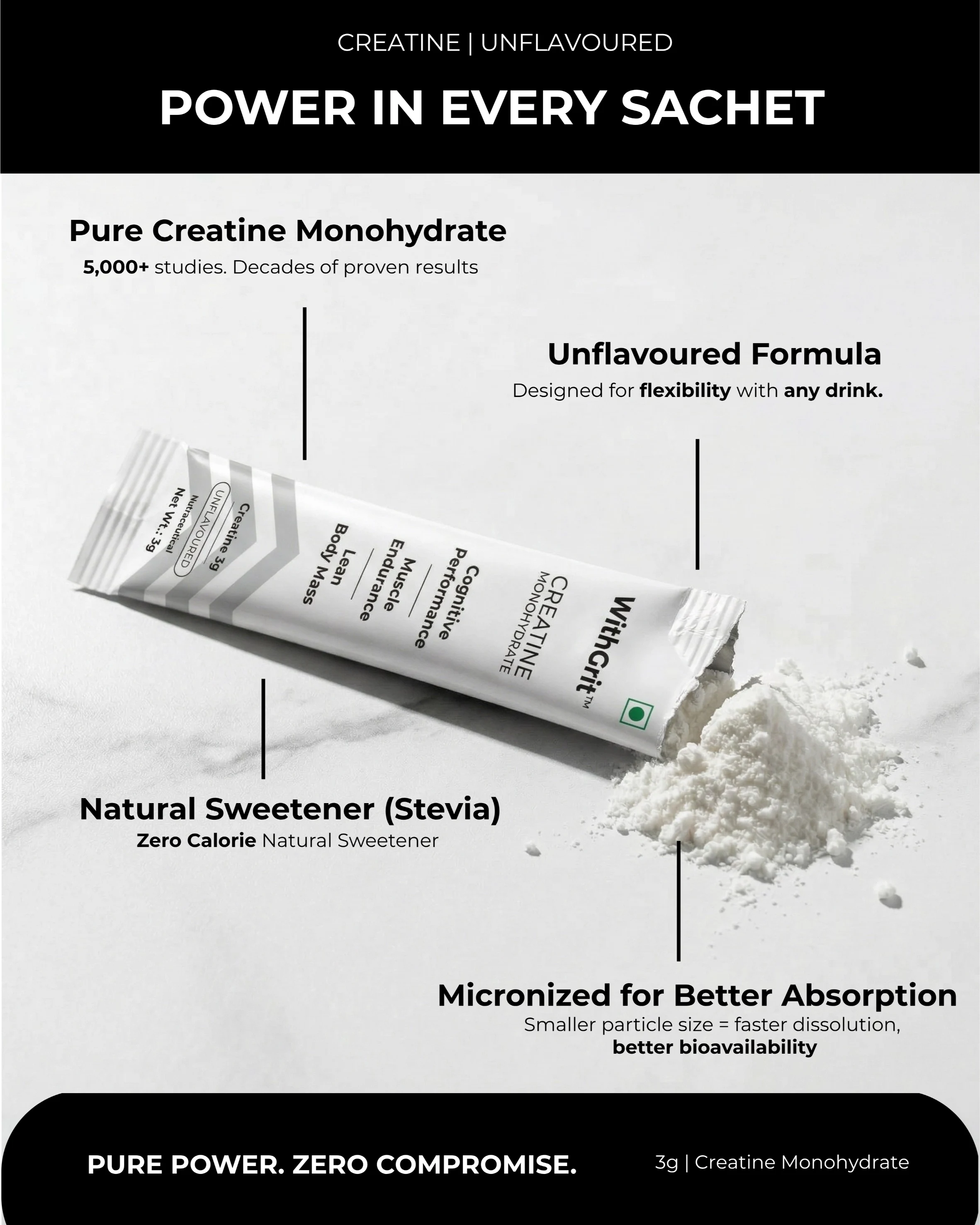 CREATINE MONOHYDRATE | LEAN BODY MASS | MUSCLE ENDURANCE | COGNITIVE PERFORMANCE | 15 SACHETS PACK