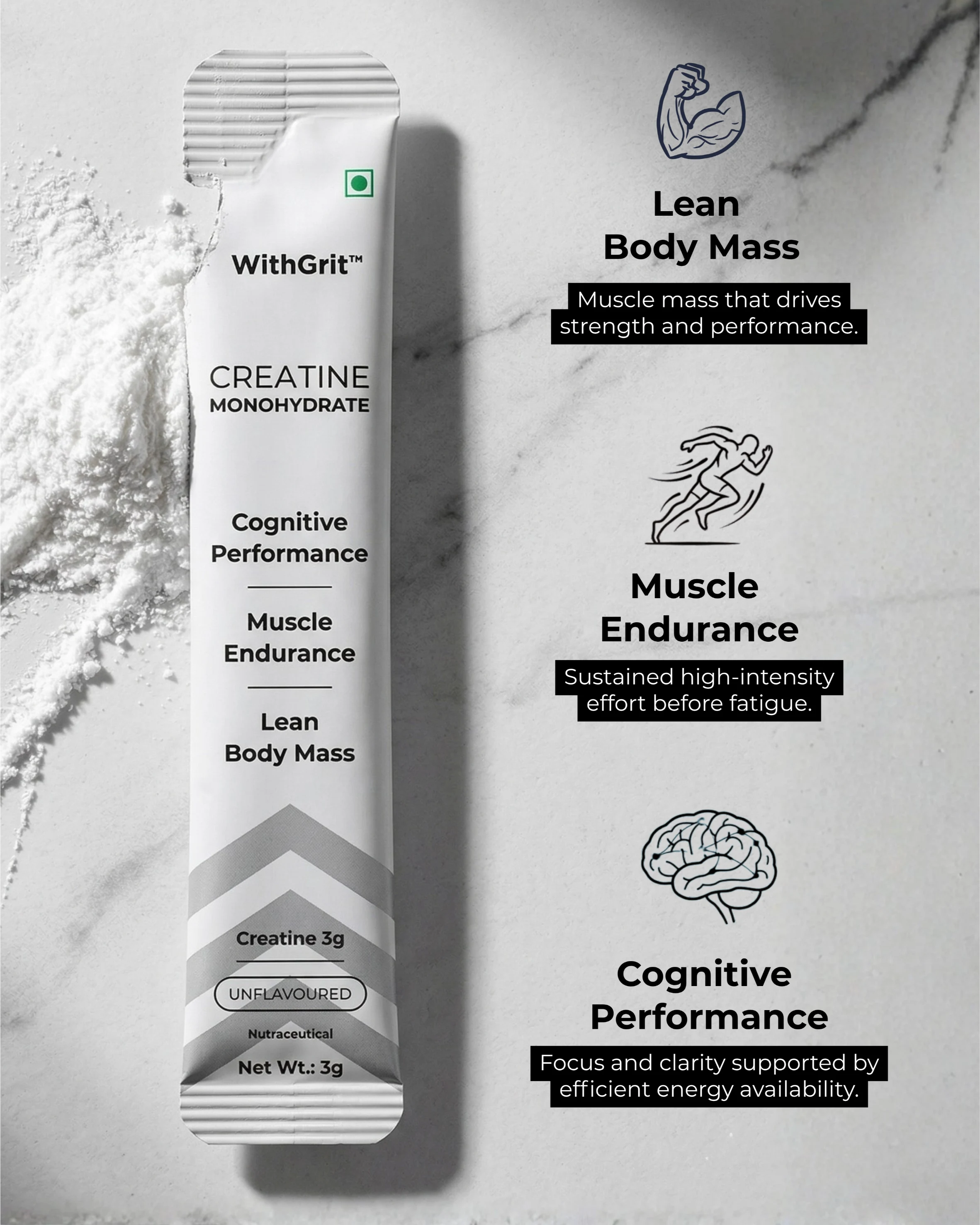 CREATINE MONOHYDRATE | LEAN BODY MASS | MUSCLE ENDURANCE | COGNITIVE PERFORMANCE | 15 SACHETS PACK