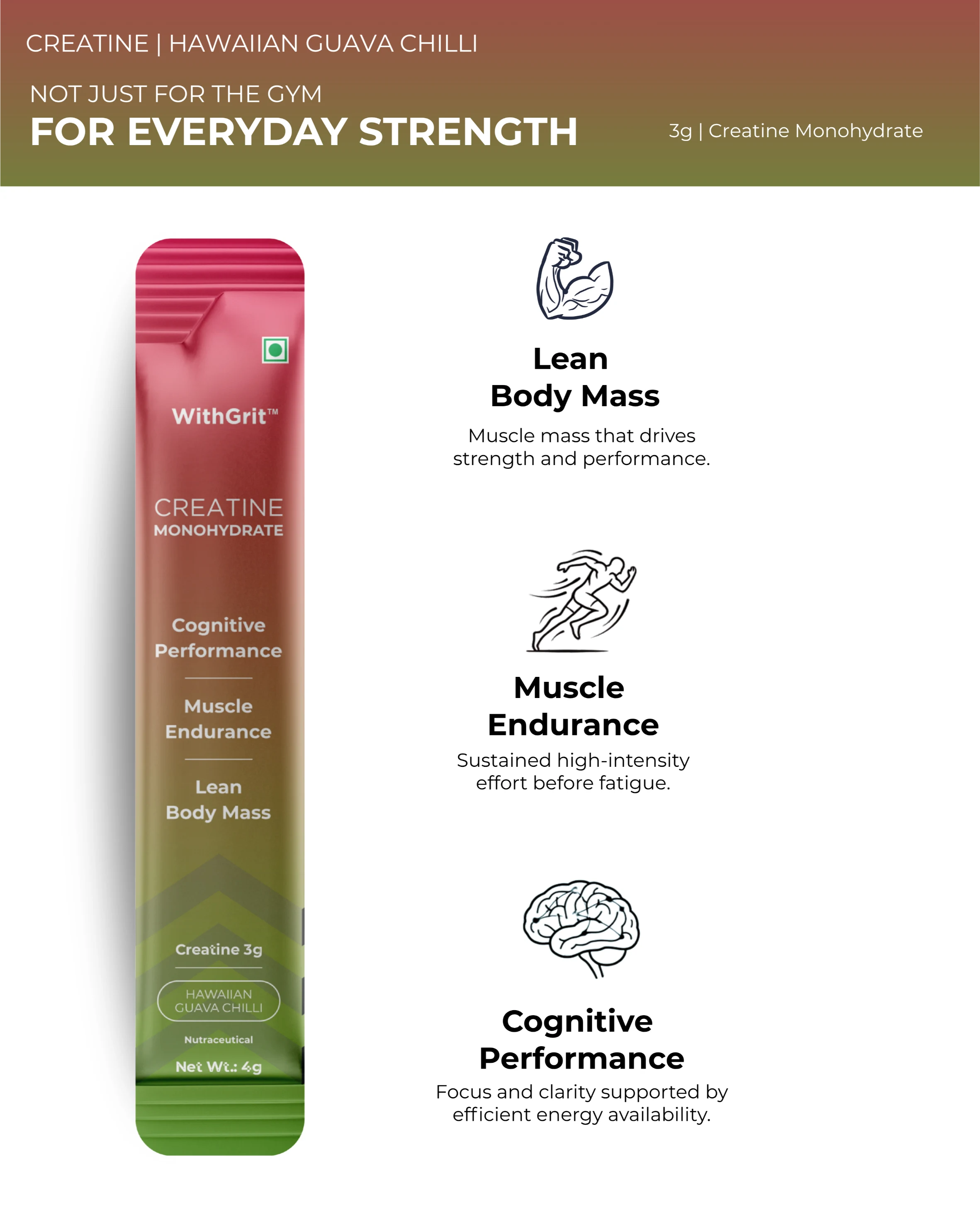CREATINE MONOHYDRATE | LEAN BODY MASS | MUSCLE ENDURANCE | COGNITIVE PERFORMANCE | 15 SACHETS PACK