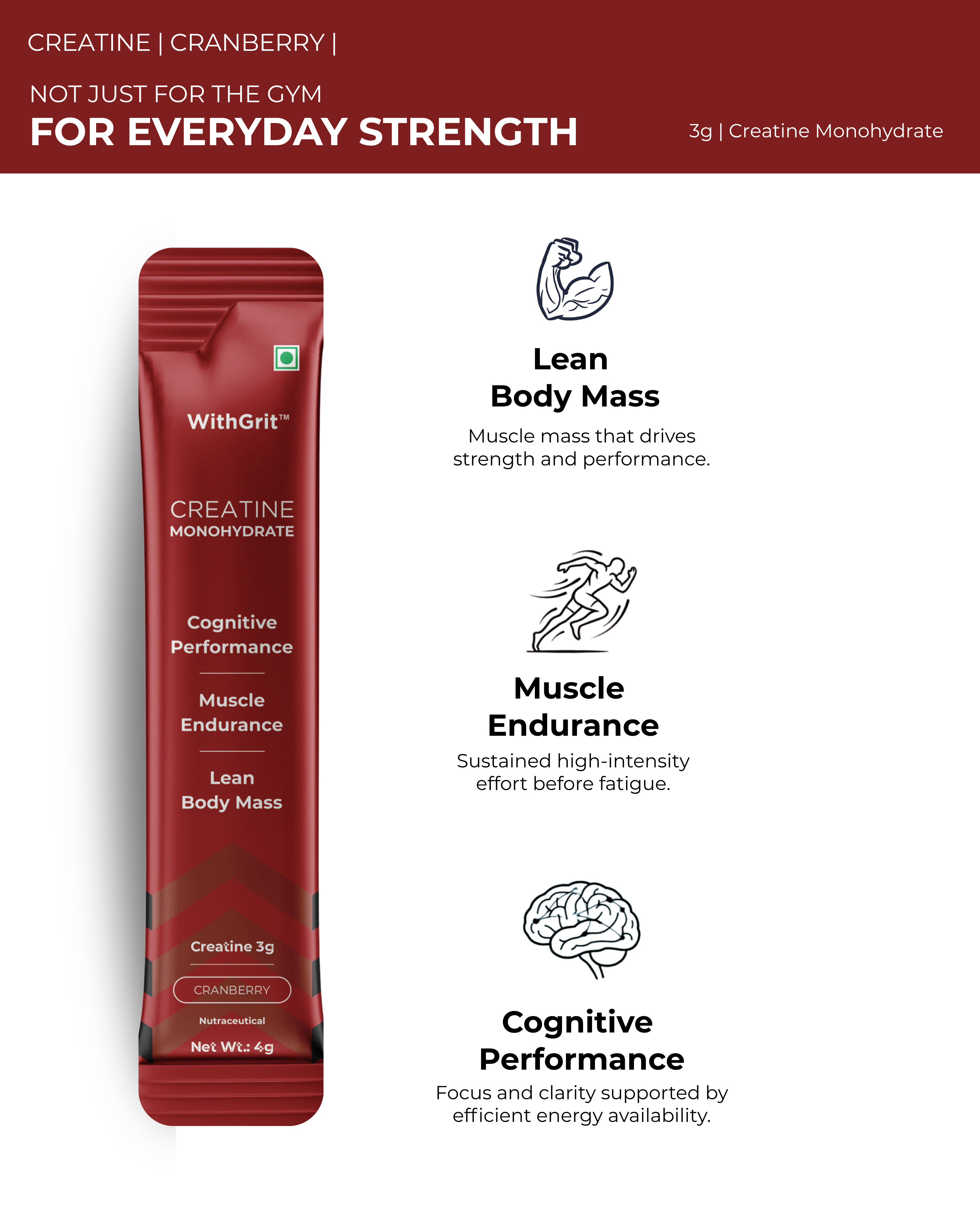 CREATINE MONOHYDRATE | LEAN BODY MASS | MUSCLE ENDURANCE | COGNITIVE PERFORMANCE | 15 SACHETS PACK