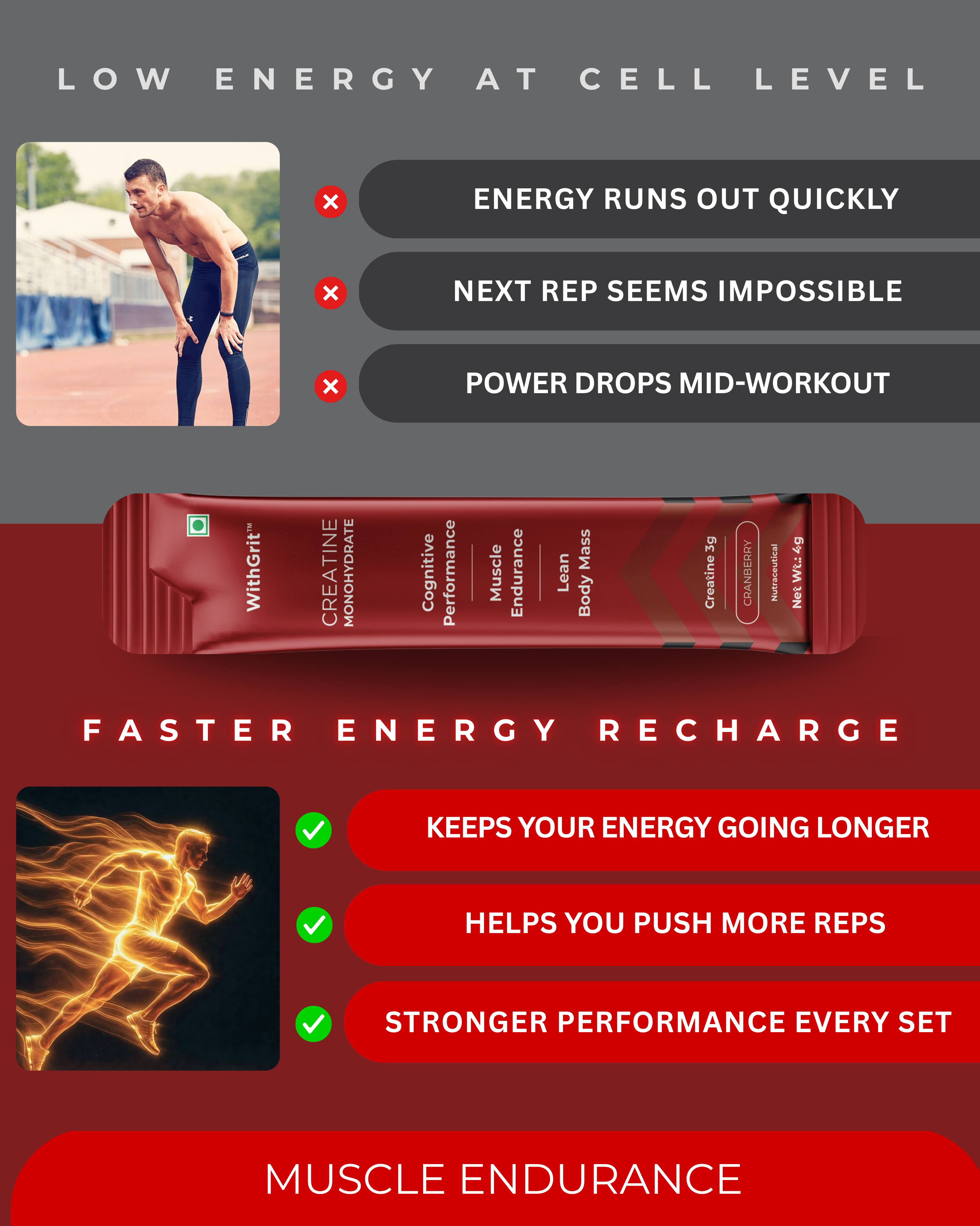 CREATINE MONOHYDRATE | LEAN BODY MASS | MUSCLE ENDURANCE | COGNITIVE PERFORMANCE | 15 SACHETS PACK
